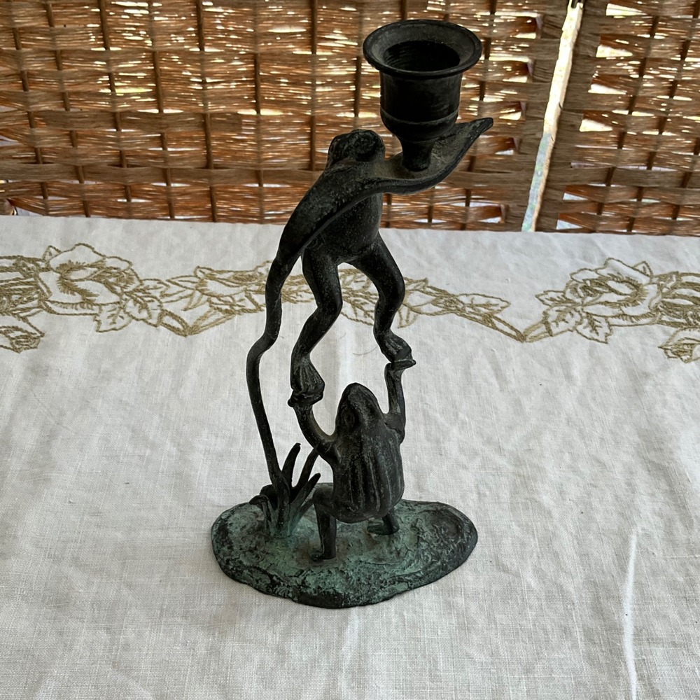Vintage Style Verdigris Bronze Frog Acrobat Candlestick Holder Figural 10.5" - Picture 2 of 10